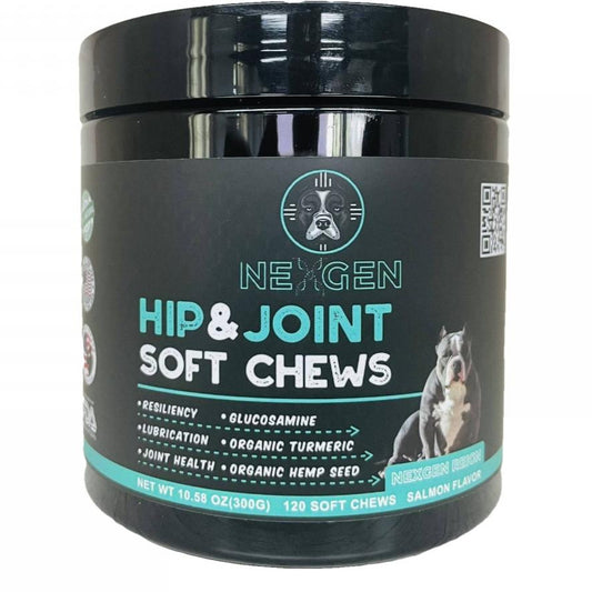 NEXGEN Hip & Joint Soft Chews: Resiliency- Glucosamine, Lubrication- Organic Turmeric, Joint Health- Organic Hemp Seed, NET WT 10.58 Oz (300G) 120 Soft Chews, Salmon Flavor